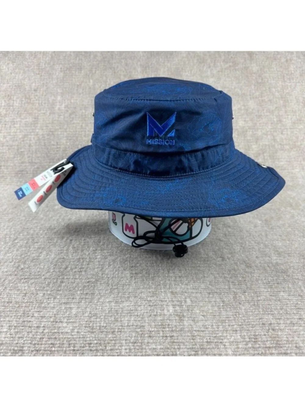 Mission Cooling Wide Brim Bucket Hat UPF 50+ Navy Floral Adjustable Coastal NWT